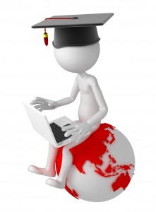 Student with laptop sitting on top of the earth globe. Asian side. Isolated